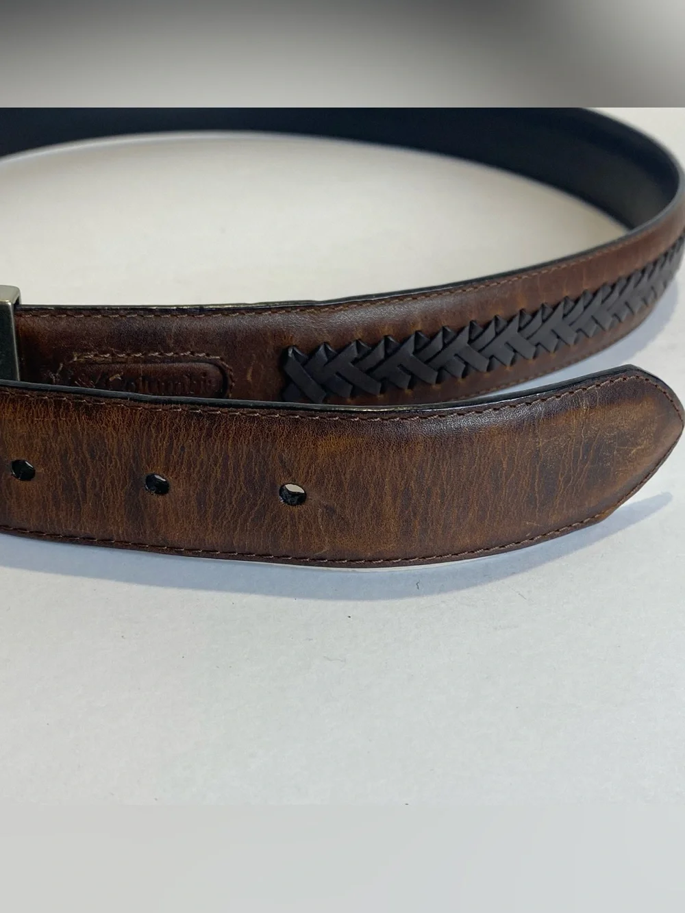 Columbia Mens Genuine Leather Belt Brown Black Braided Inlay Reversible Sz 36/90